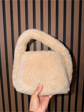 Beige Faux Shearling Tote Bag - Women's Plush Handbag